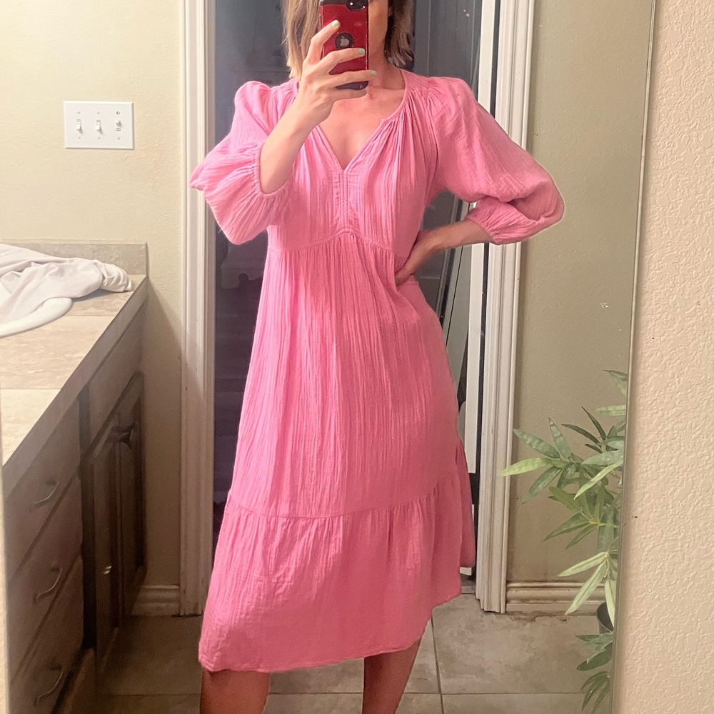 Gap cotton double crinkle gauze v-neck tiered midi dress, peony pink